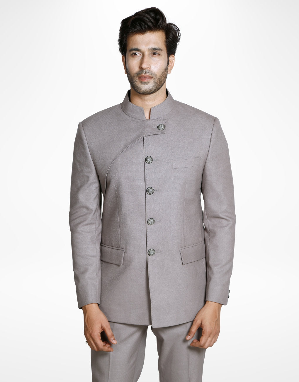 Man wearing a two-piece imported Tr Jodhpuri suit in grey from The HUB.