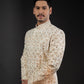 Three-piece Leather Applique and Thread Work Sherwani in Ivory