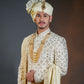 Three-piece Leather Applique and Thread Work Sherwani in Ivory