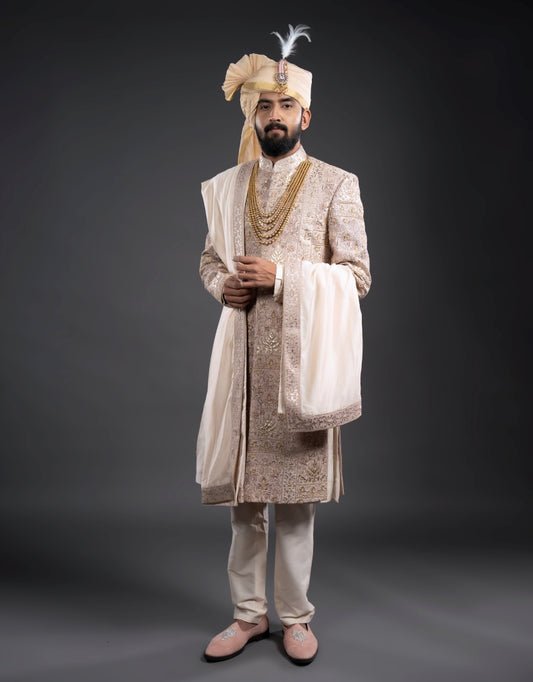 Four-piece Leather Applique Work Sherwani in Onion Pink