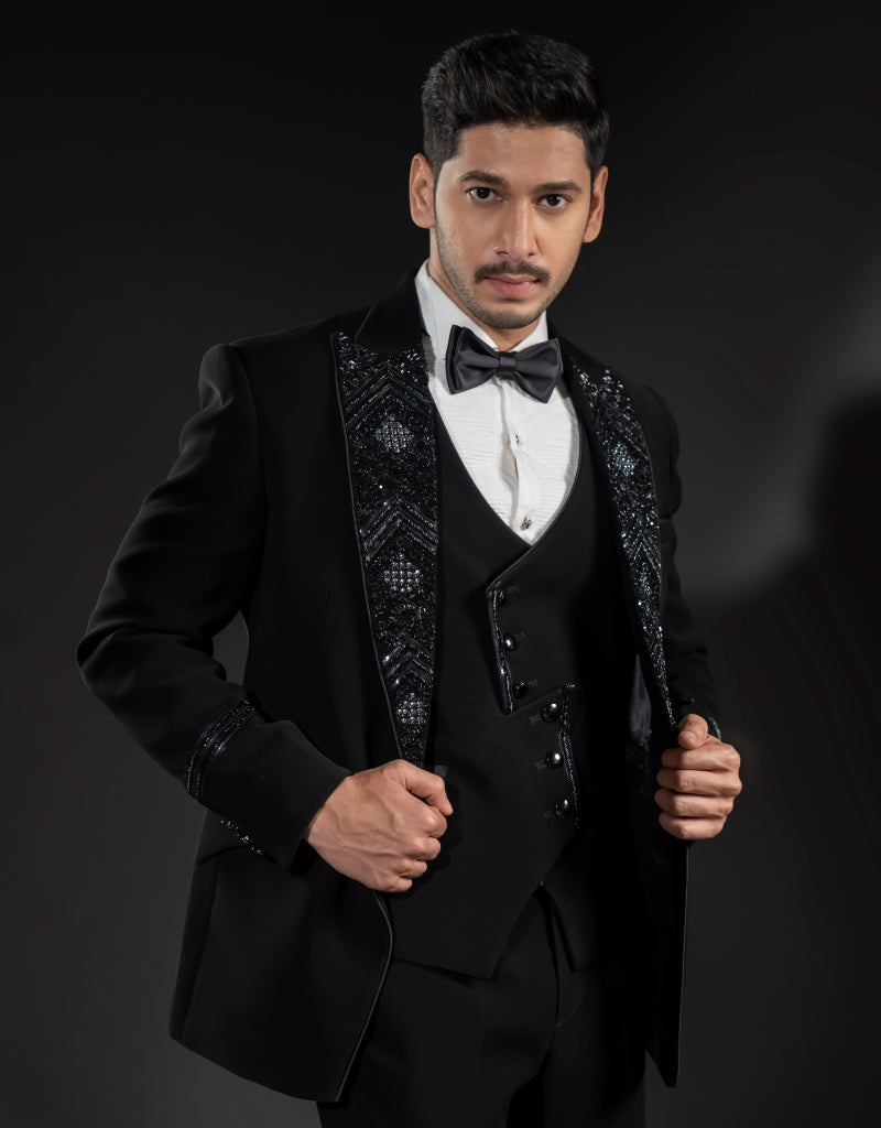 Three-piece Heavy Hand Embroidery Suit in Black