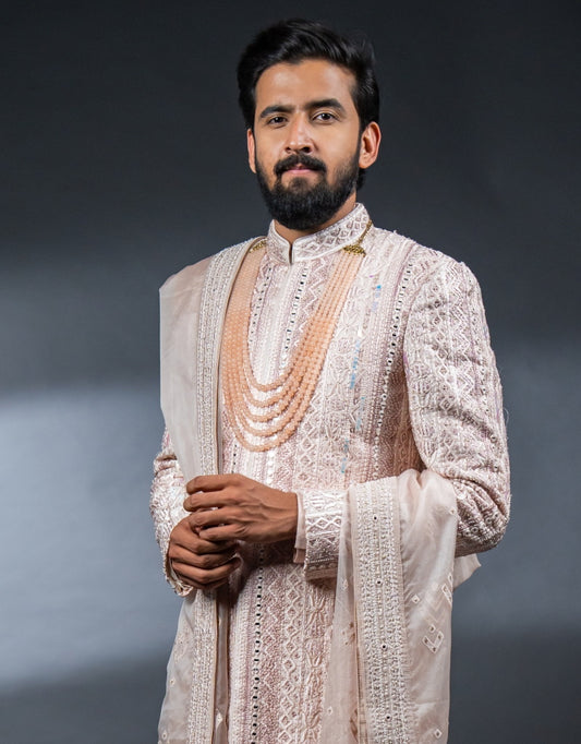 Four-piece Exquisite Mirrorwork Sherwani in Dusty Pink