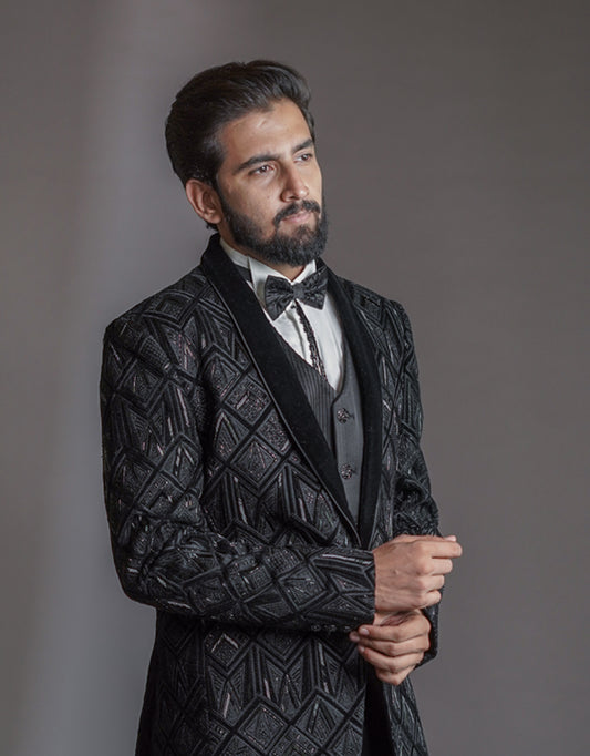 Five-piece Velvet Label Bandhgala Style Suit in Black