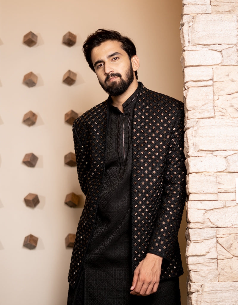 Three-piece Indo-western Oxidized Article Handwork in Black