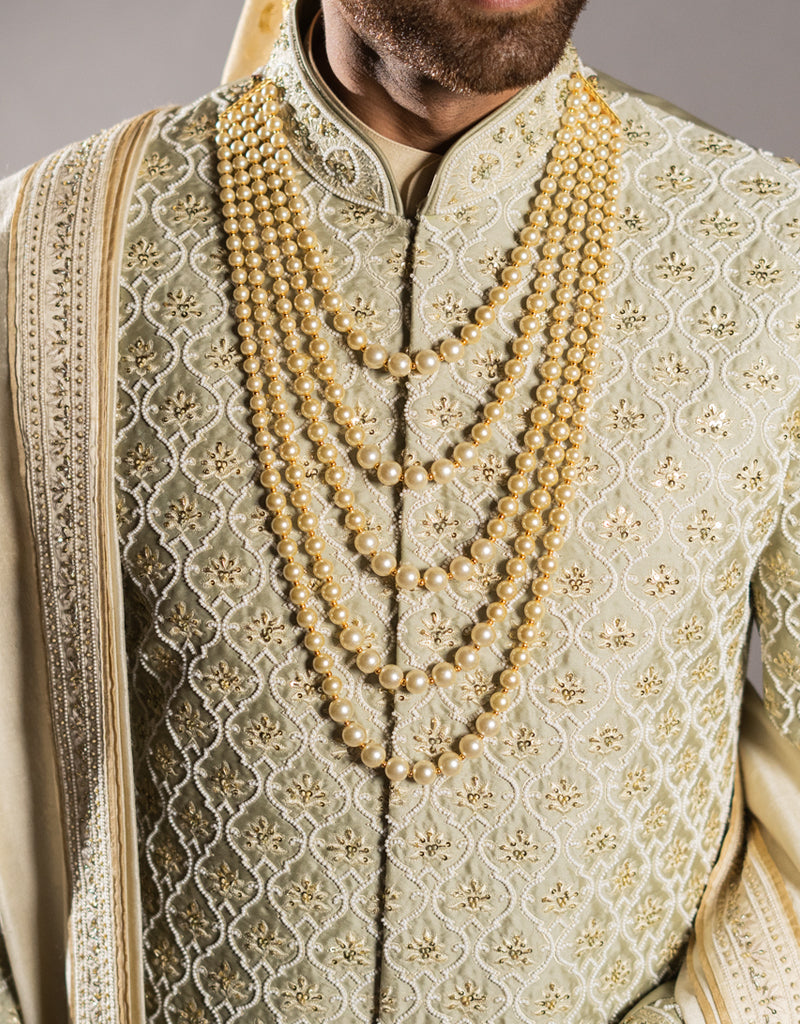 Four-piece Sherwani with Shimmer Work on Dupatta in Mint Green