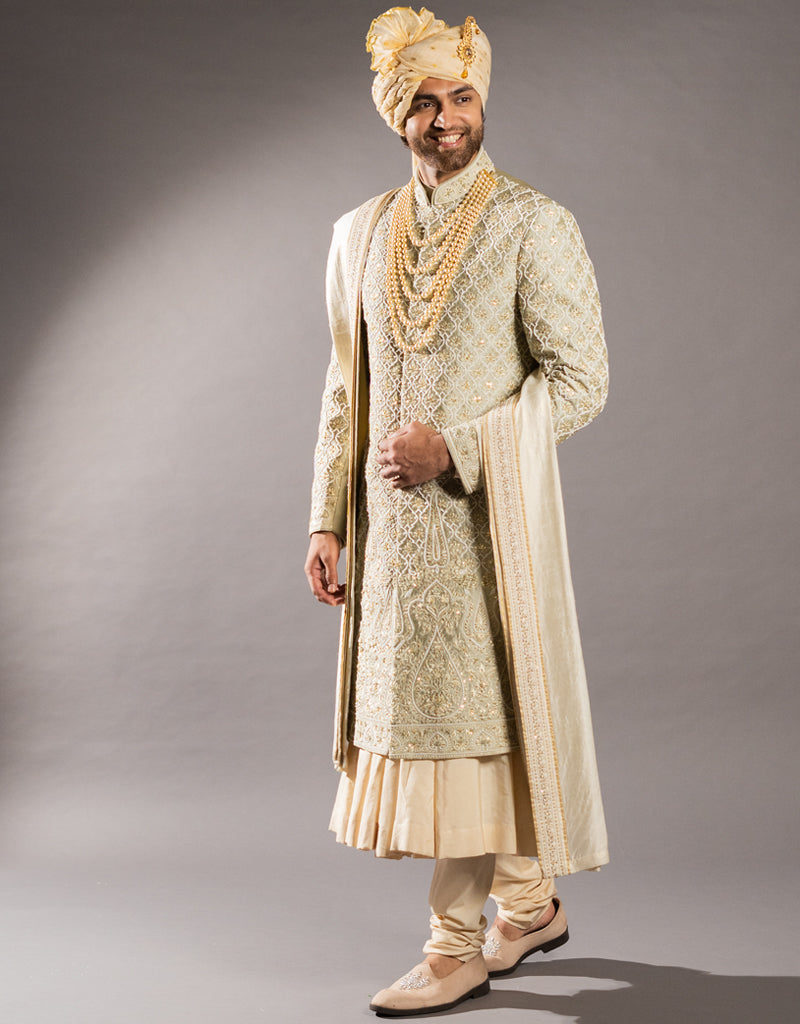 Four-piece Sherwani with Shimmer Work on Dupatta in Mint Green