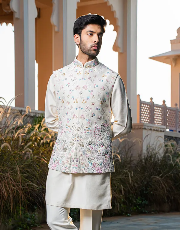 a man wearing a kurta with nehru jacket