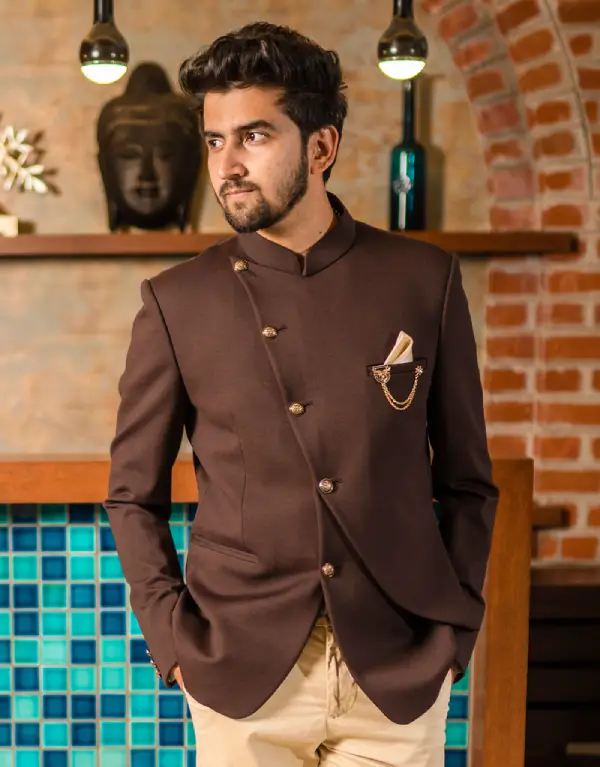 One Piece Jodhpuri Suit in Silk with Gold Buttons in Brown.